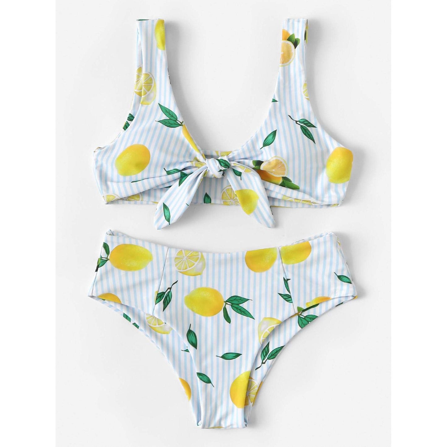 Blue Striped and Lemon Print Knot Bikini Set