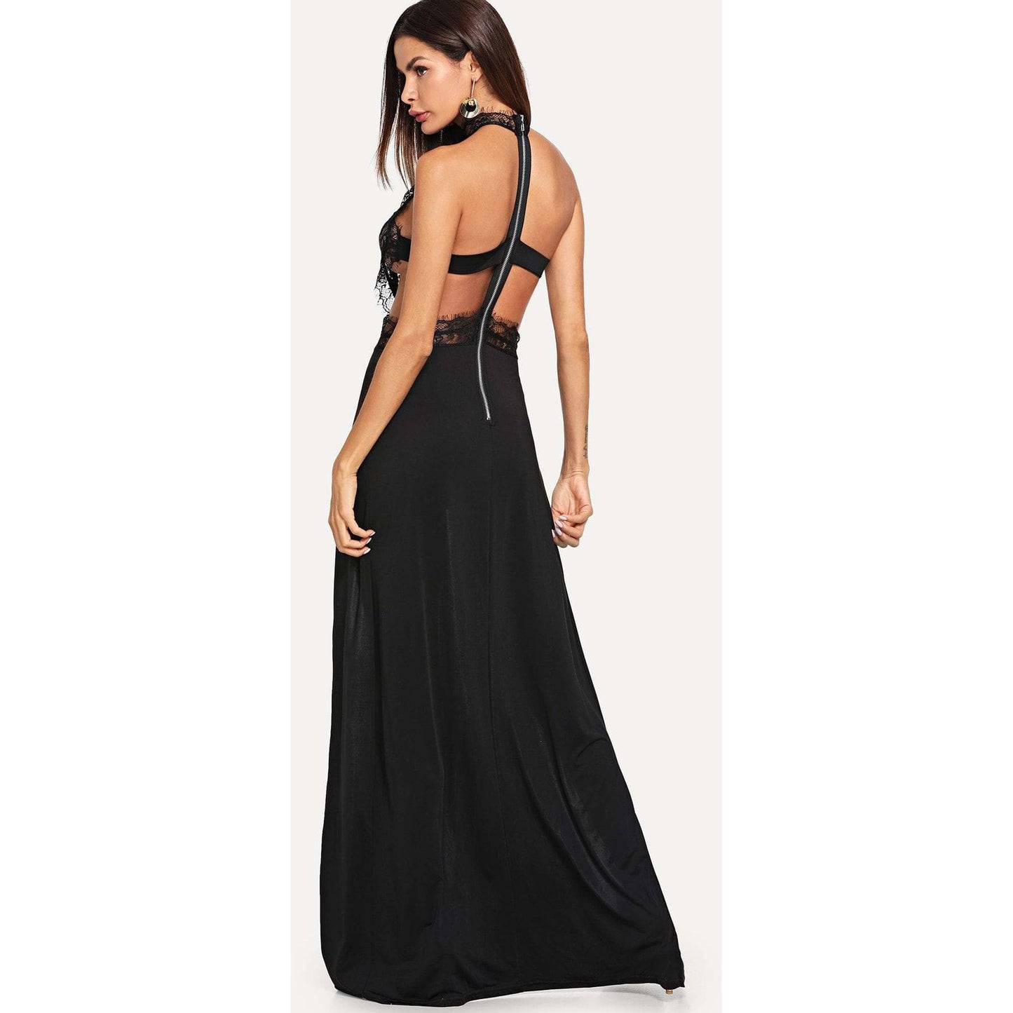 High Split Caged Back Lace Maxi Dress