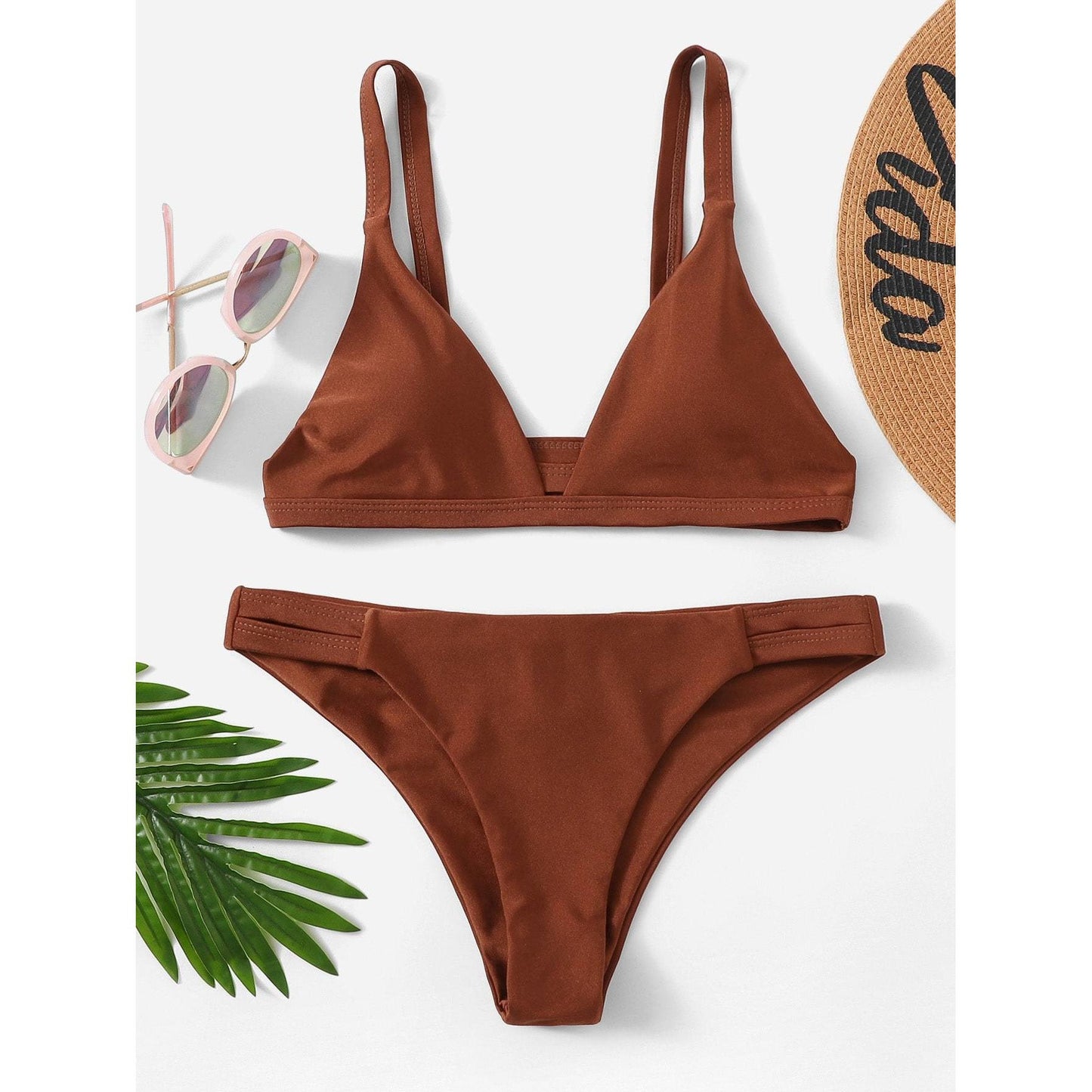 Seam Trim Plunge Top With Cut Out Bikini Set