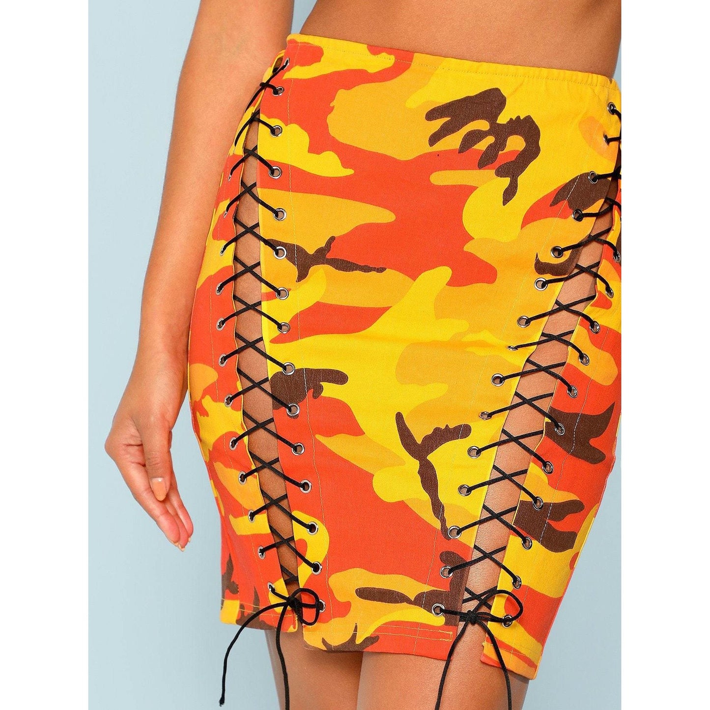 Yellow Camo Print Lace Up Skirt