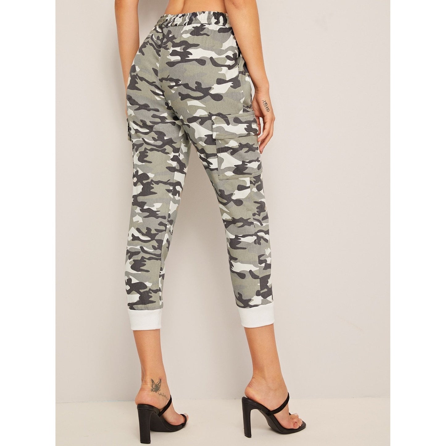 Drawstring Waist Camouflage Jeans