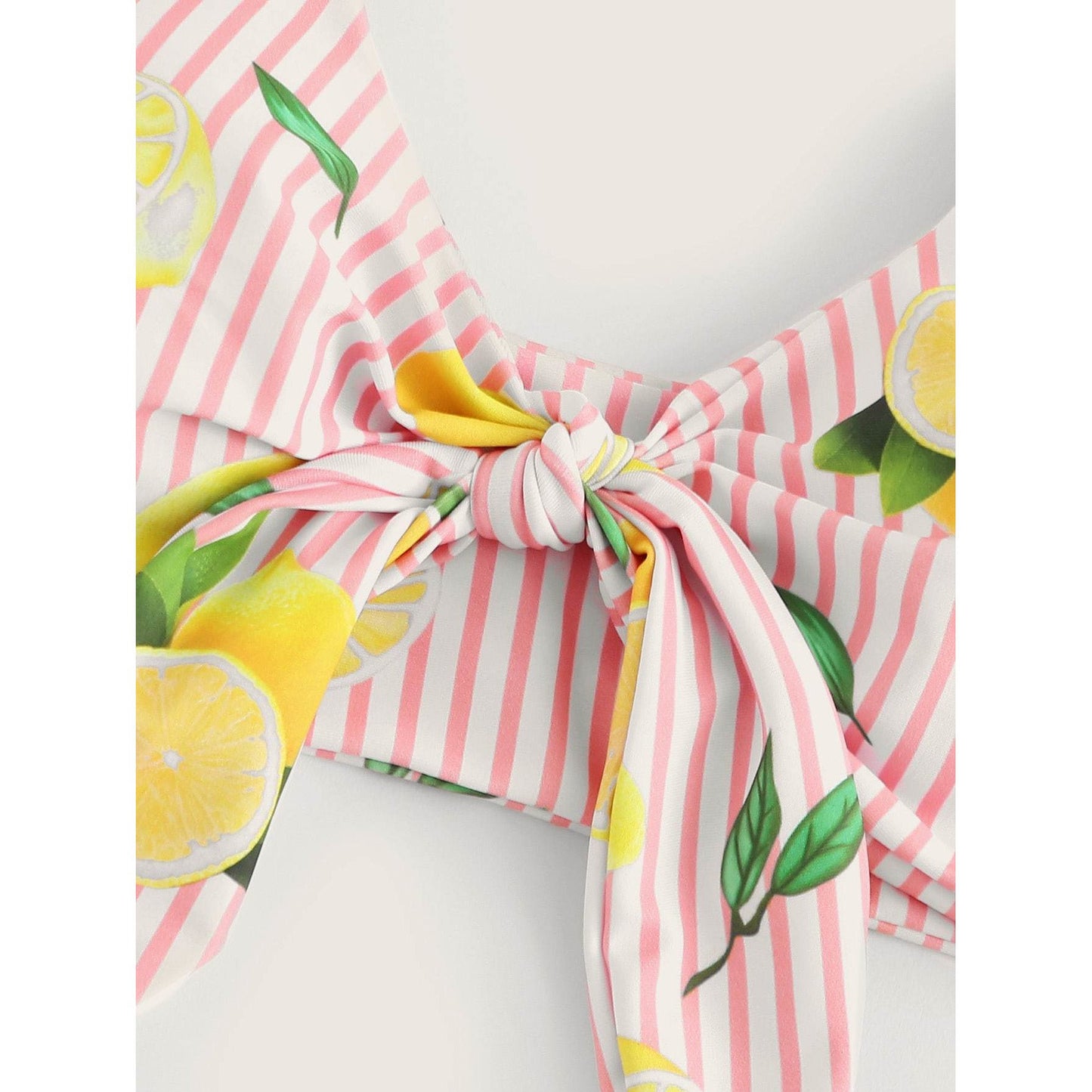 Pink Striped and Lemon Print Knot Bikini Set