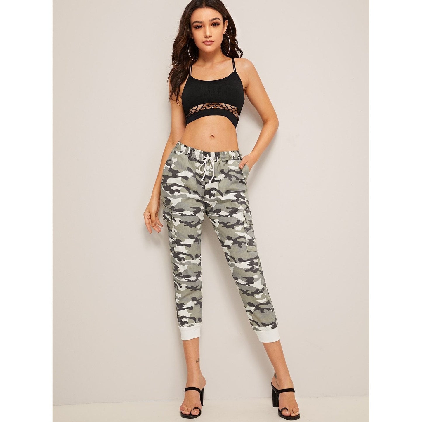 Drawstring Waist Camouflage Jeans