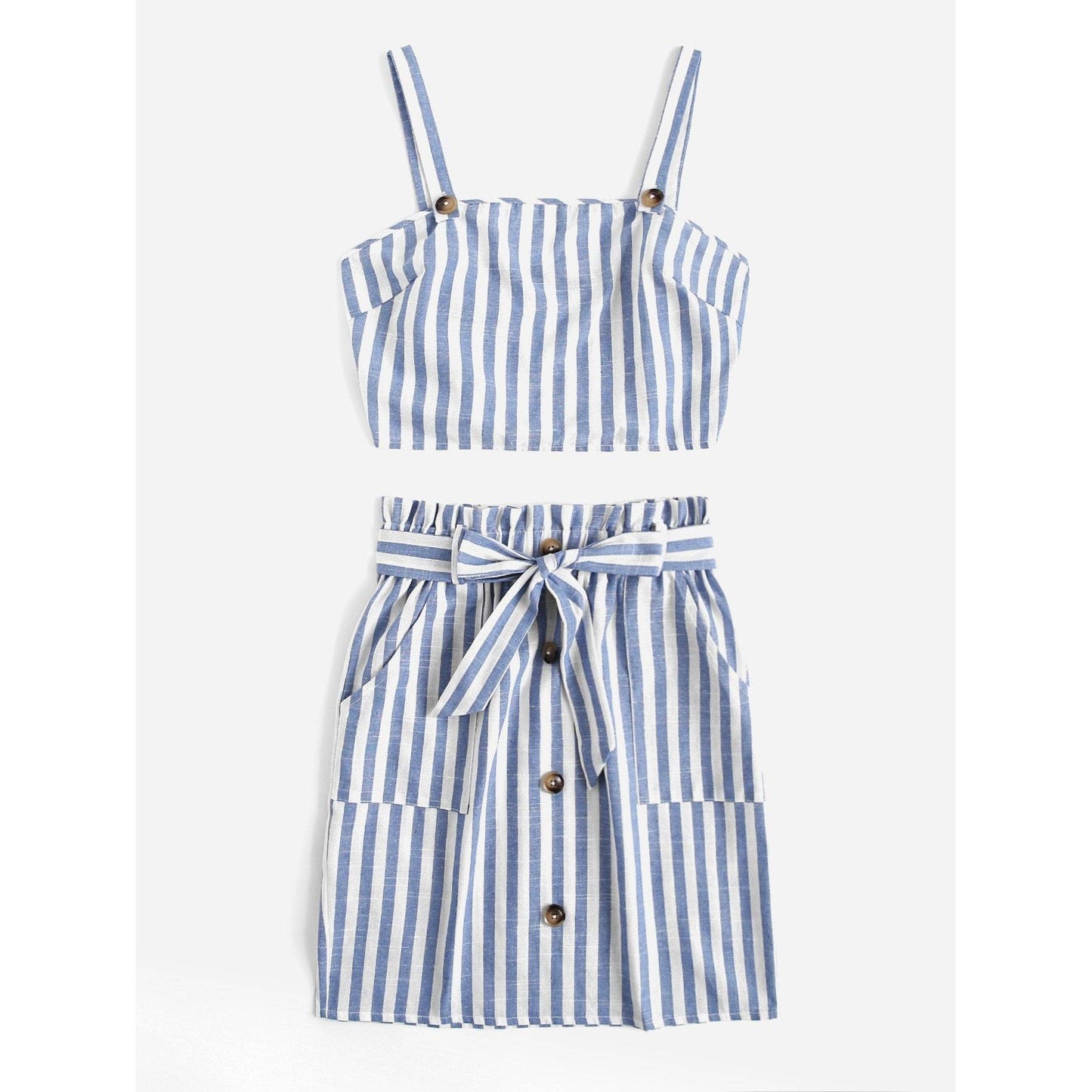 Striped Crop Cami Top Belted Set