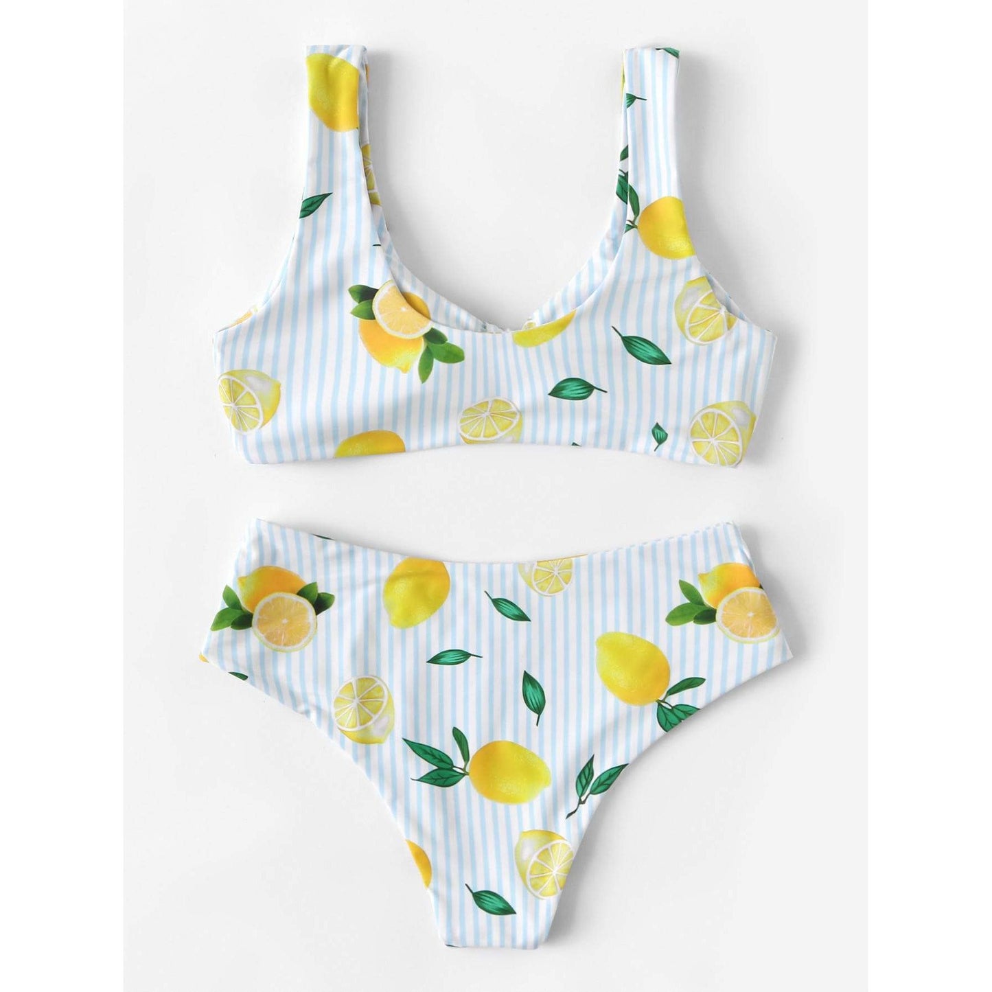 Blue Striped and Lemon Print Knot Bikini Set