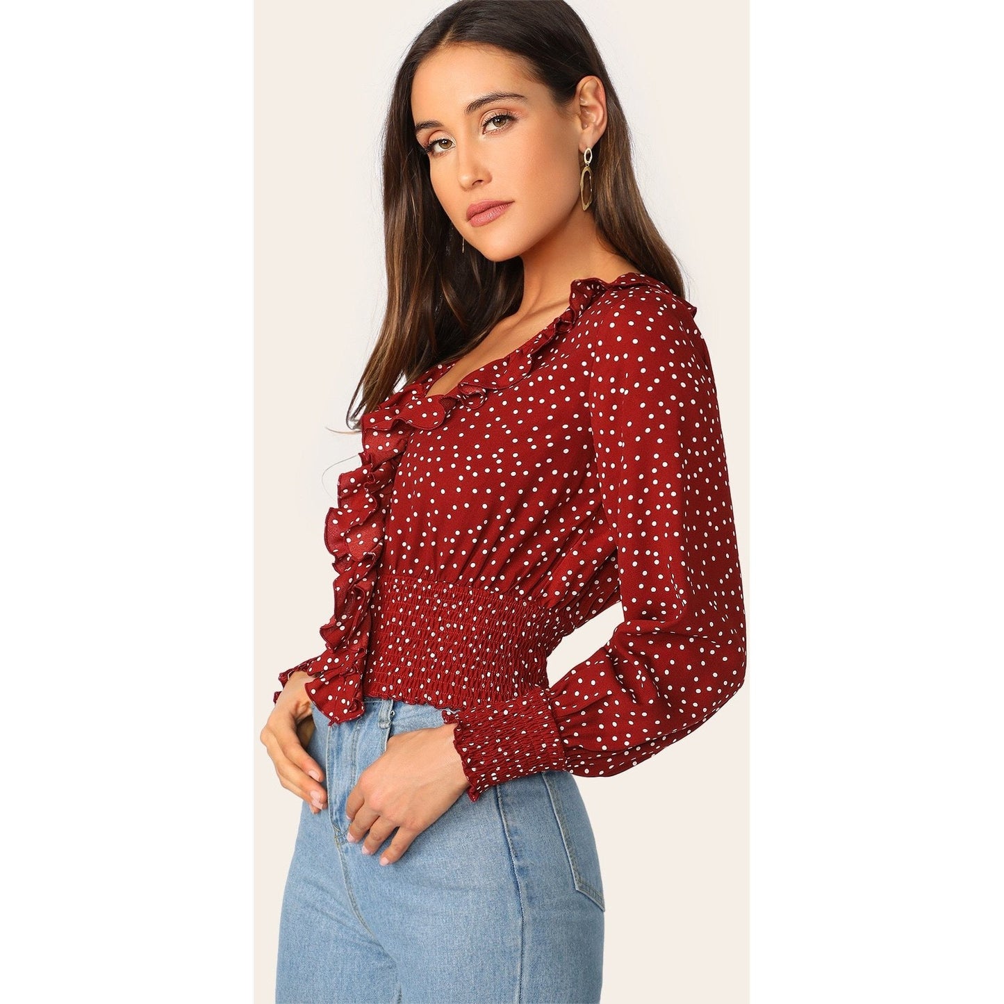 Ruffle Trim Polka Dot Print Shirred Blouse