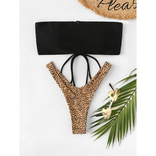 Cristal Lace-up Bandeau With Leopard Print Bikini Set