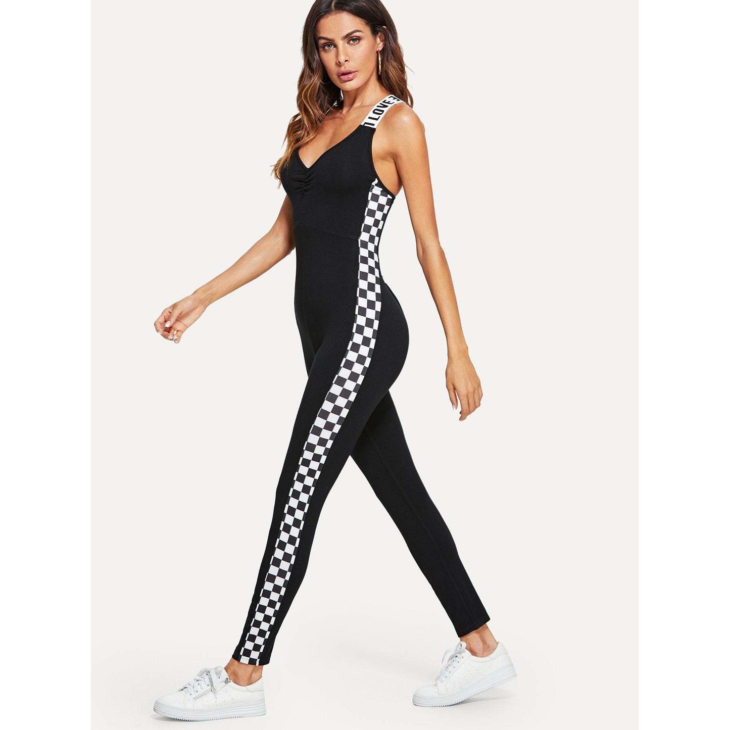 Crisscross Back Love Plaid Jumpsuit