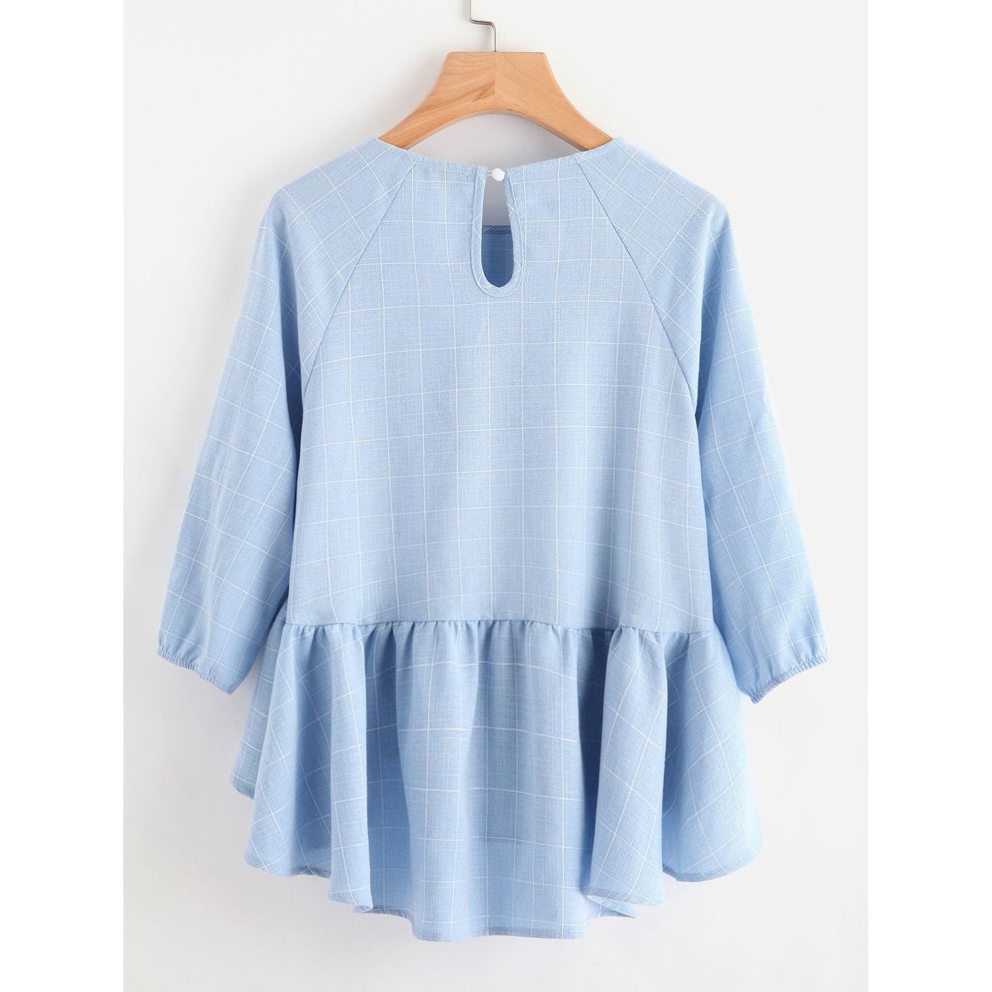 Billie Sleeve Ruffle Dip Hem Grid Blouse