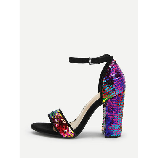 Contrast Sequin Ankle Strap Heels