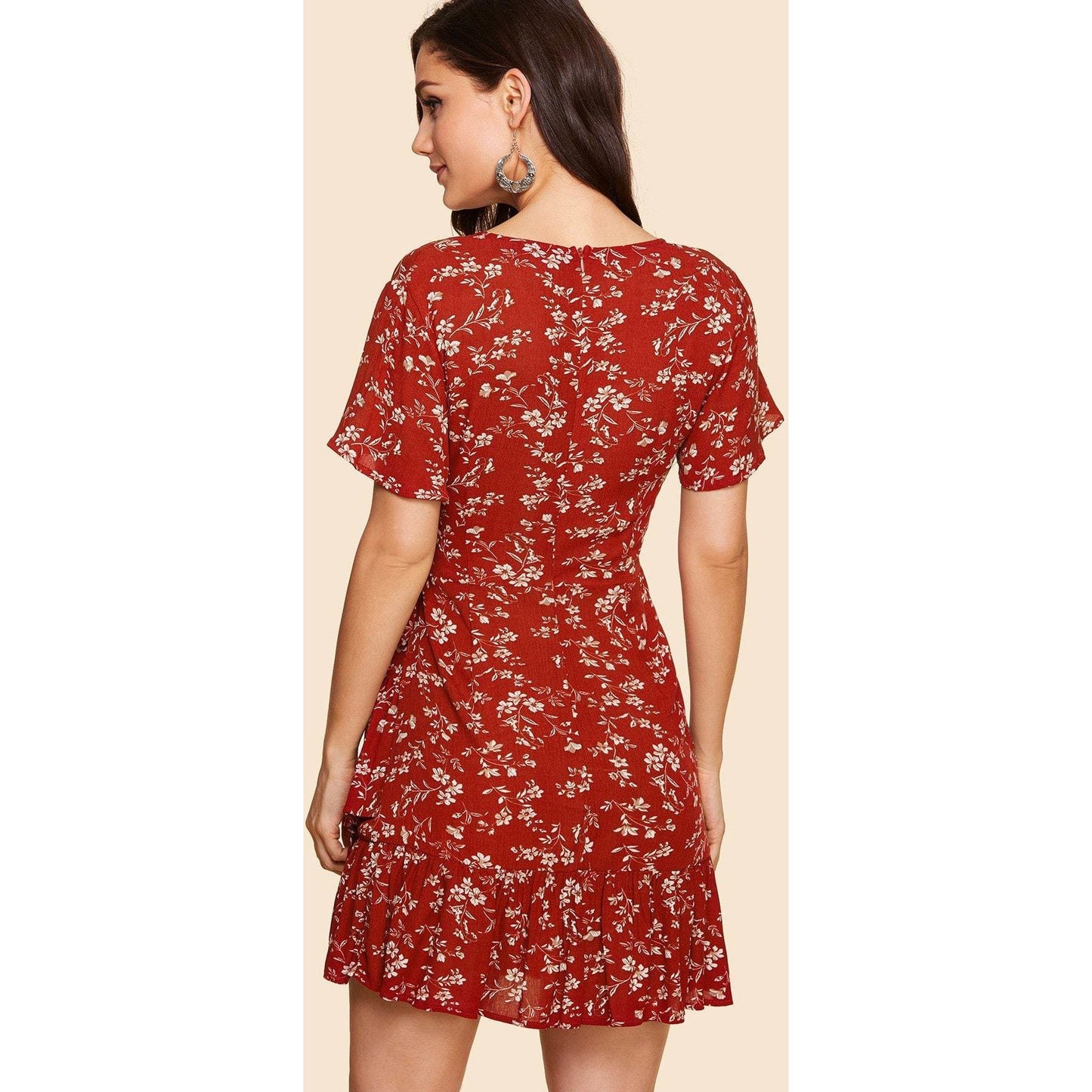 Red Wrap Tie Waist Calico Dress