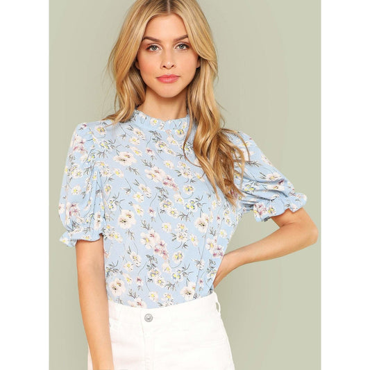 Frill Trim Calico Print Blouse