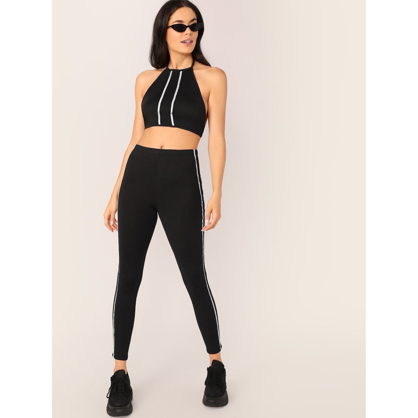 Reflective Stripe Halter Neck Top And Pants Set