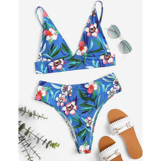 Blue Flower & Leaf Print Bikini Set