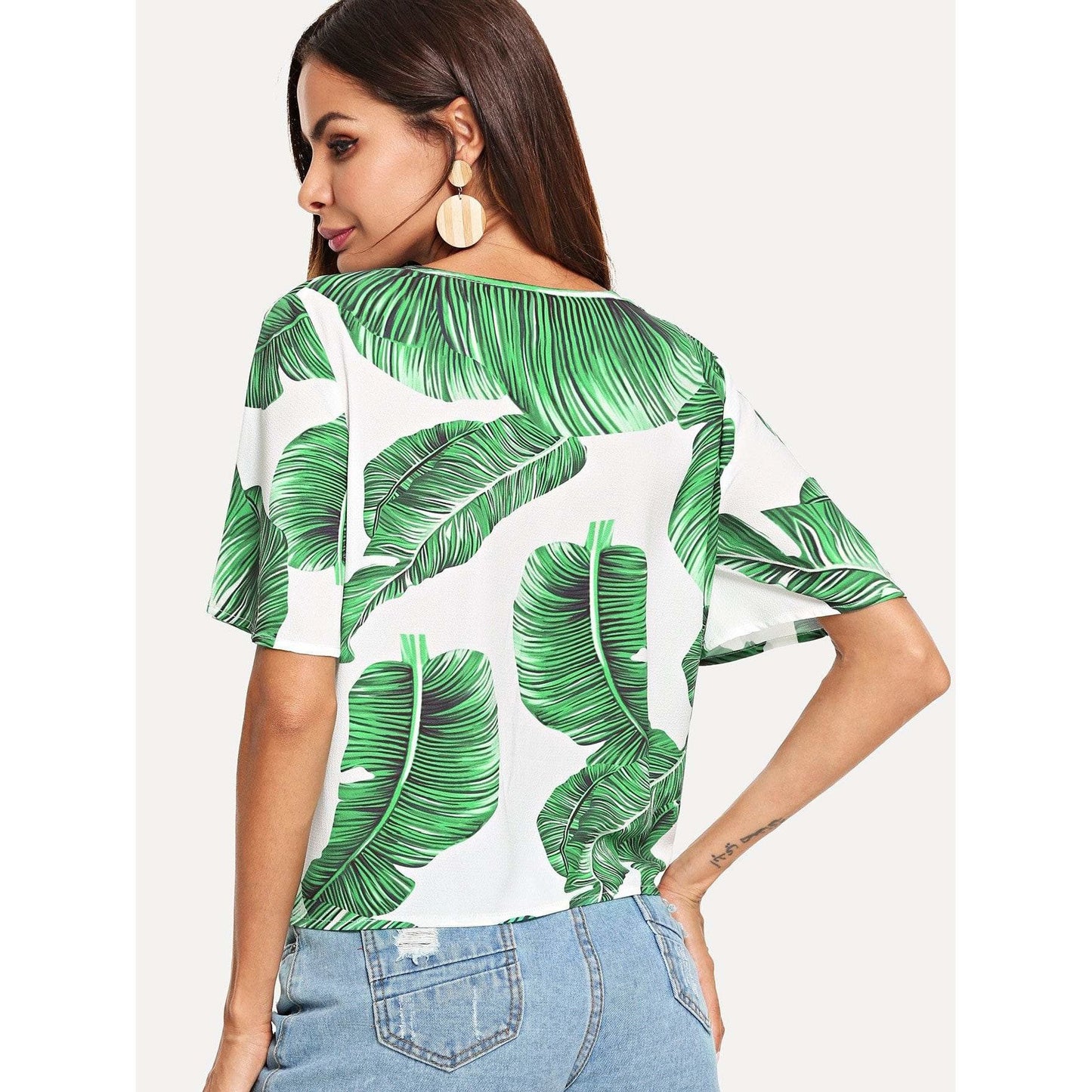 Buttoned Knot Front Tropical Top