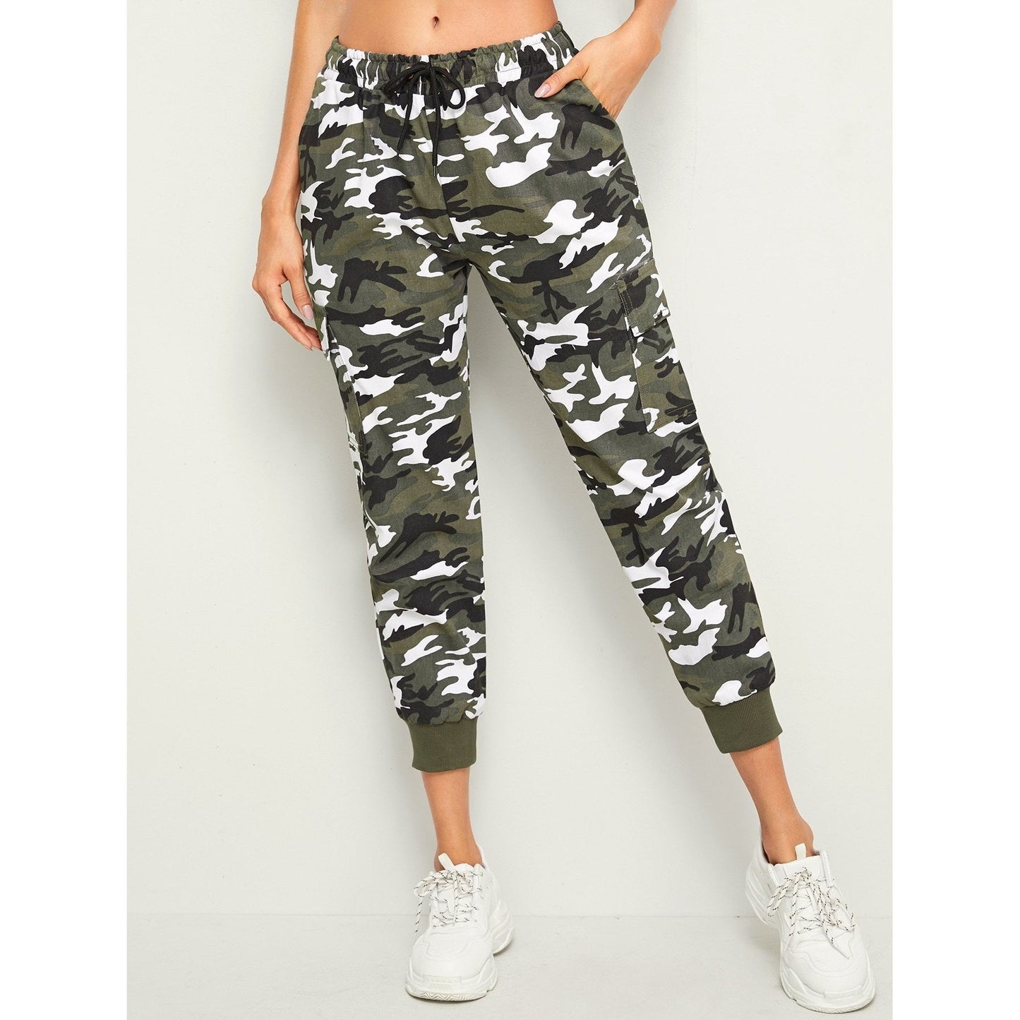 Drawstring Waist Camouflage Jeans