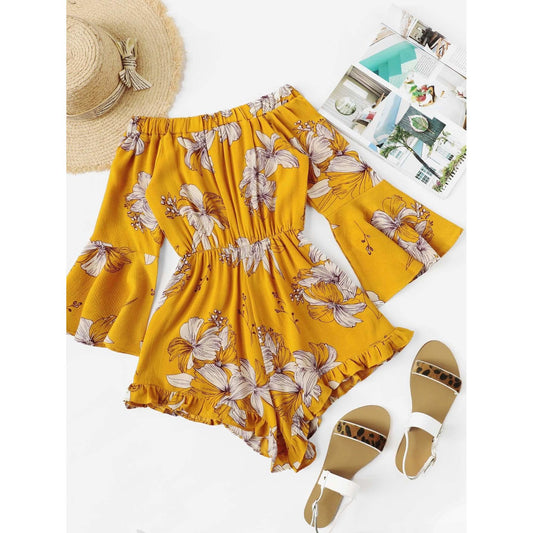 Off Shoulder Yellow Floral Print Romper