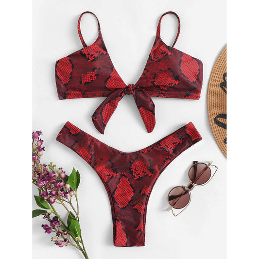 Jin Snakeskin Print Bow Knot Bikini Set