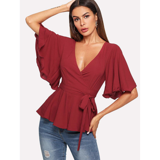 Pleated Wrap Bell Sleeve Top