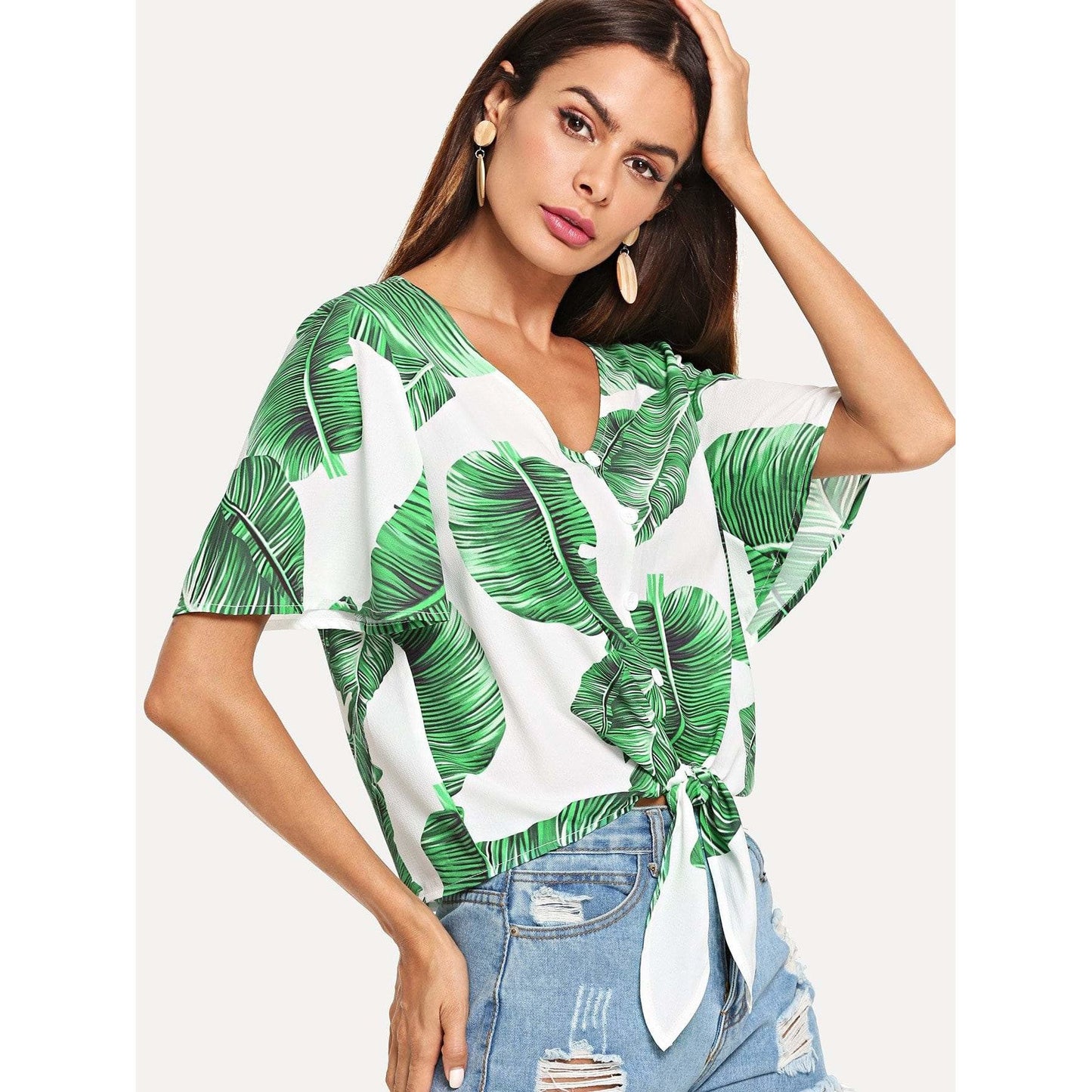 Buttoned Knot Front Tropical Top