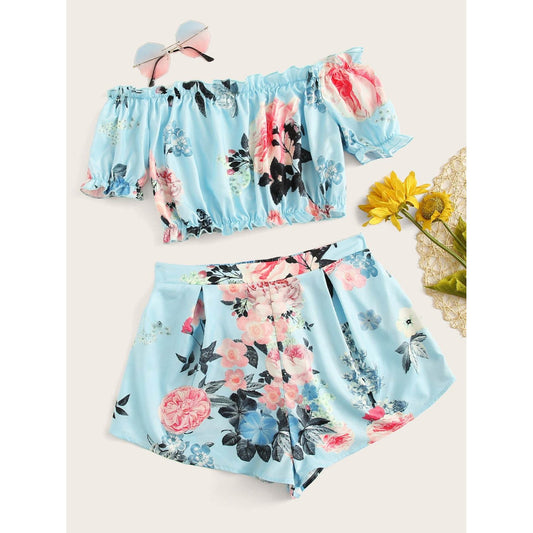 Blue Off Shoulder Floral Set