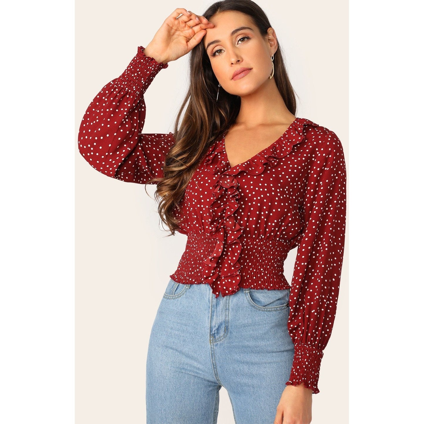 Ruffle Trim Polka Dot Print Shirred Blouse