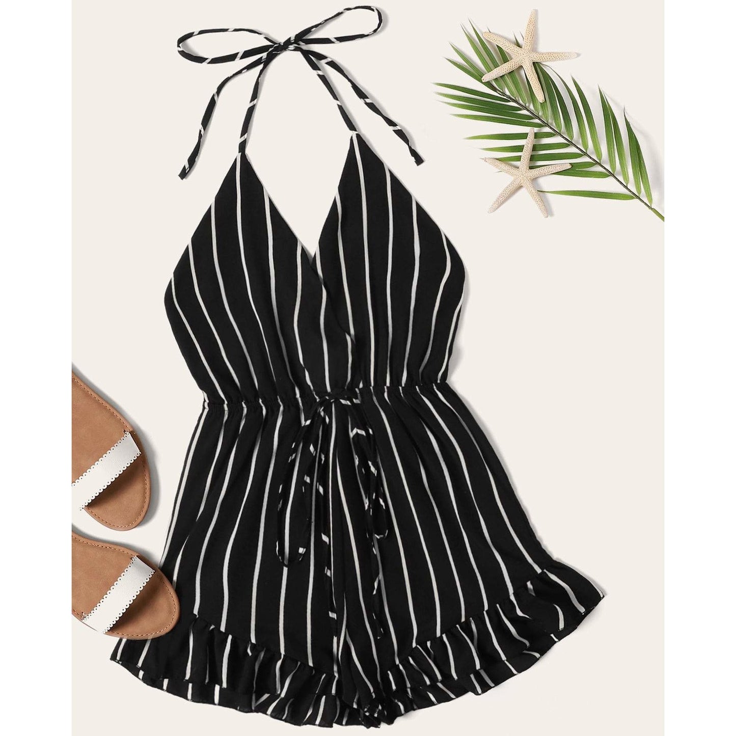 Drawstring Waist Striped Romper