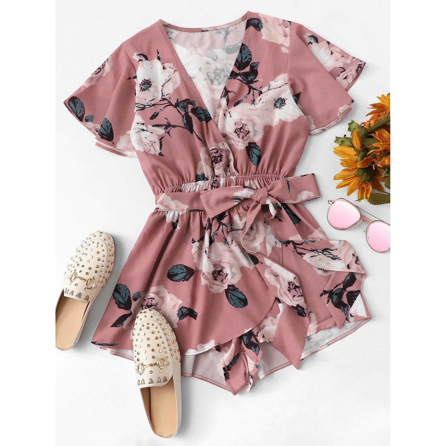 Pink Floral Print Wrap Romper