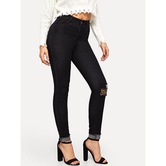 Leopard Panel Ripped Skinny Jeans