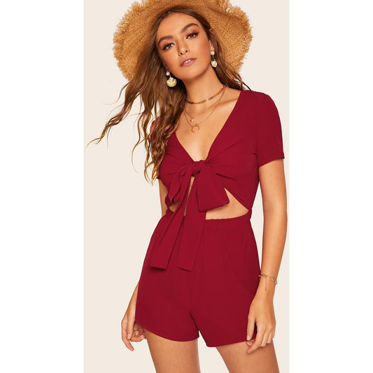 Red Tie Front Solid Playsuit