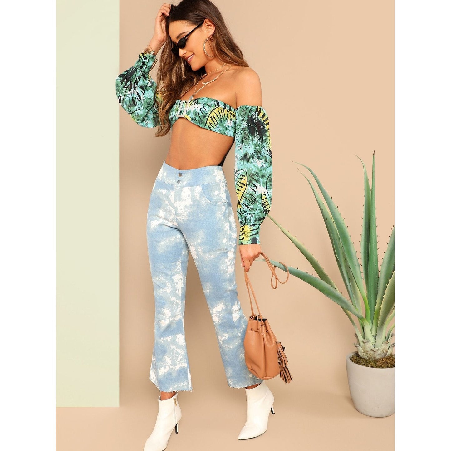 Tropical Buckle Detail Bishop Sleeve Bodysuit