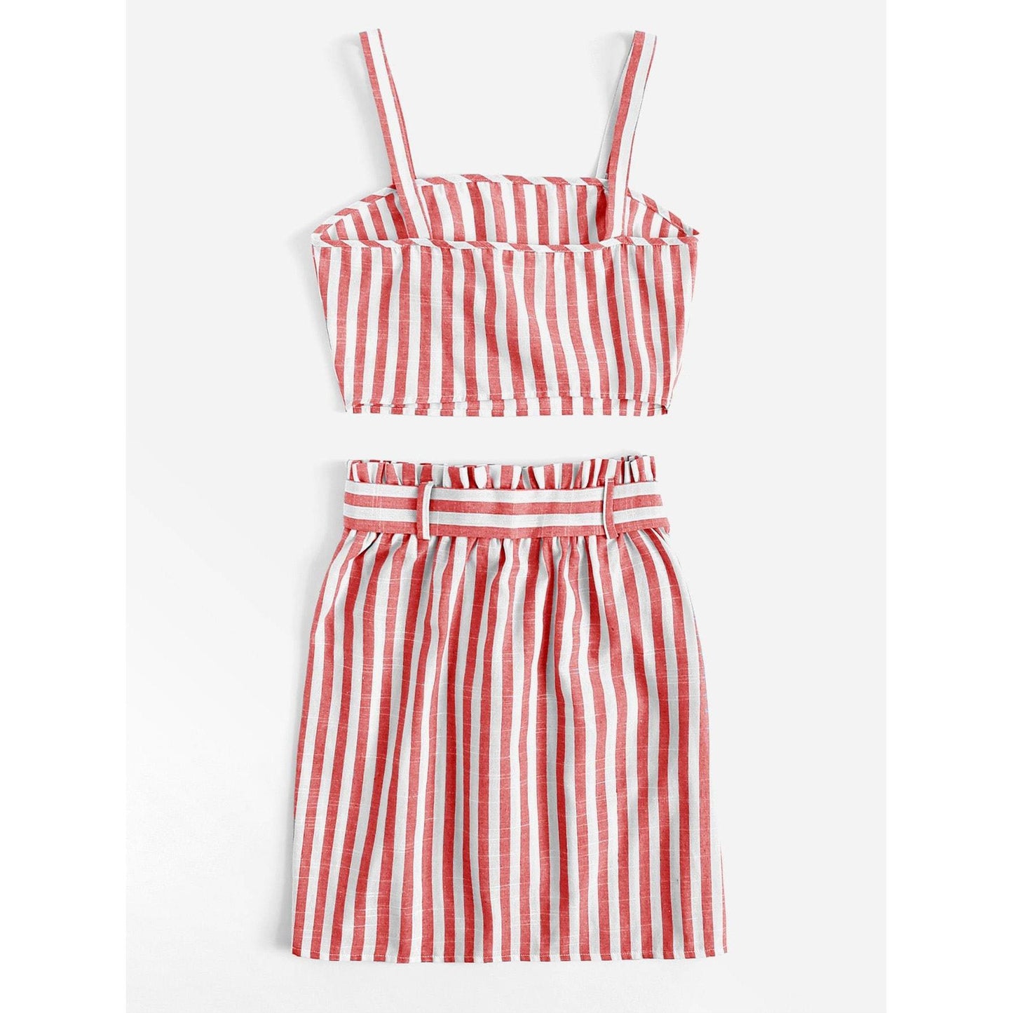 Striped Crop Cami Top Belted Set