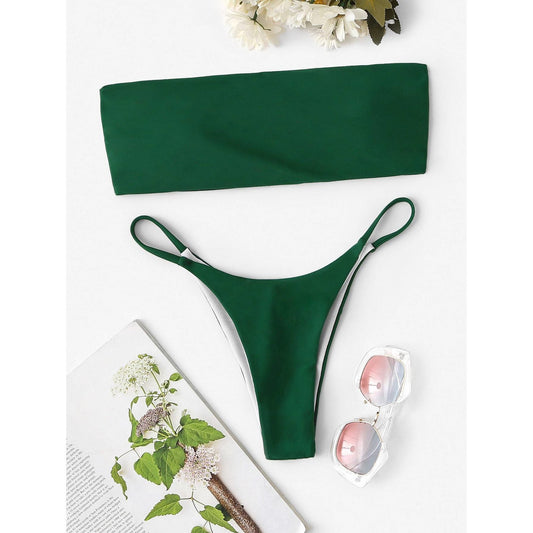 Green Bandeau With Tanga High Cut Bikini Set