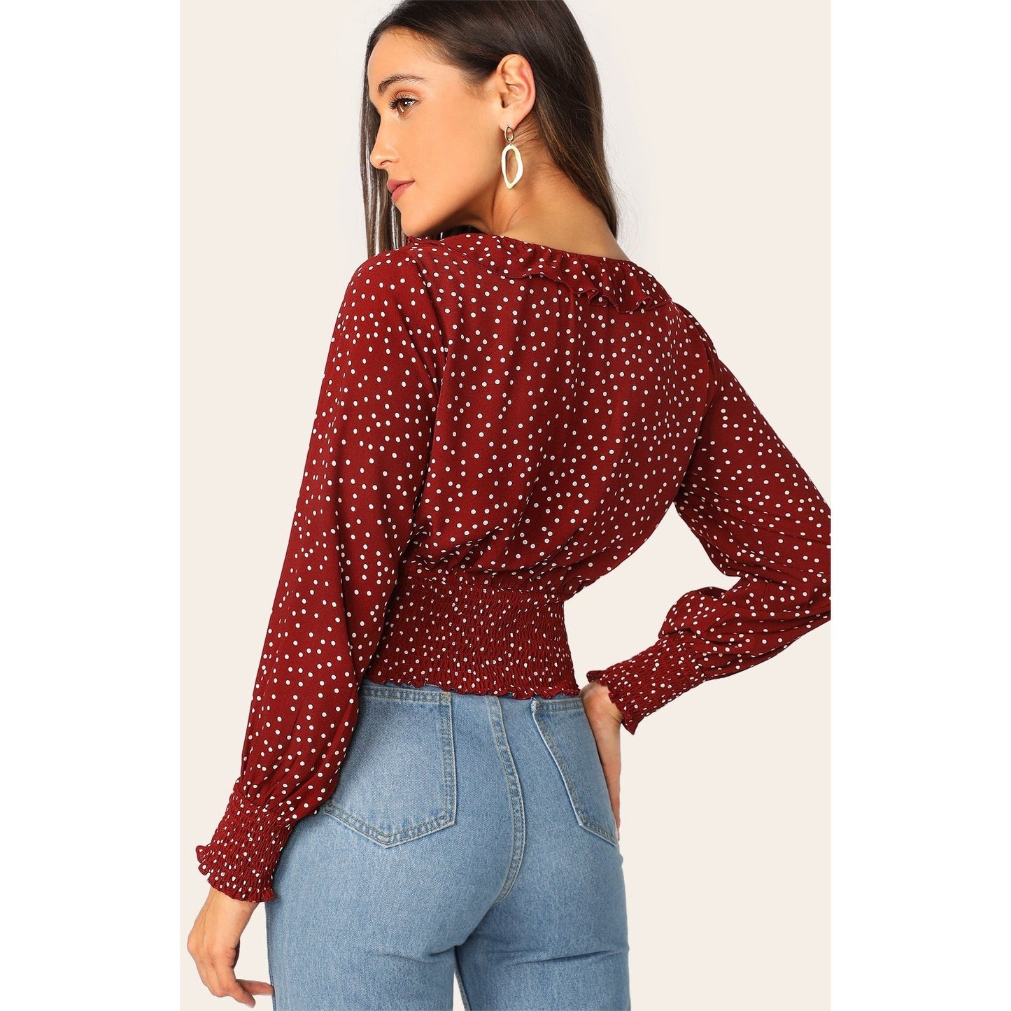 Ruffle Trim Polka Dot Print Shirred Blouse