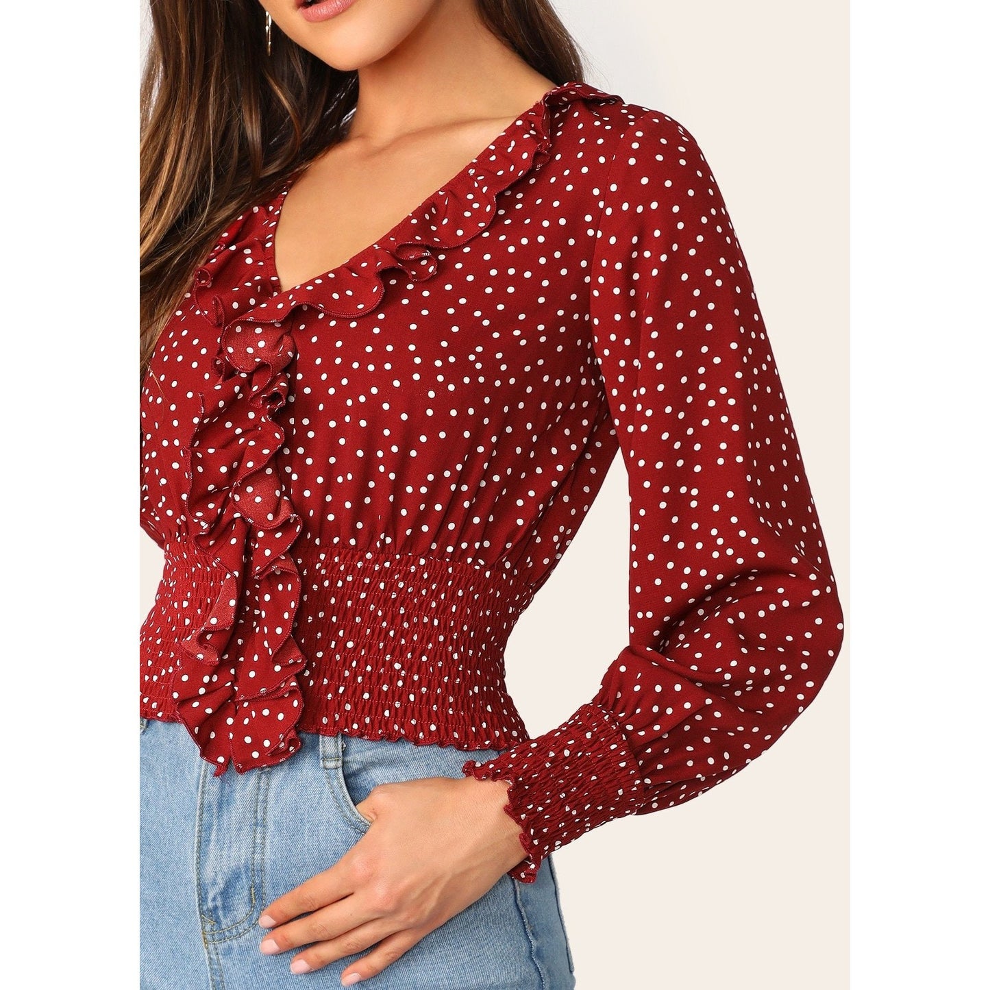 Ruffle Trim Polka Dot Print Shirred Blouse