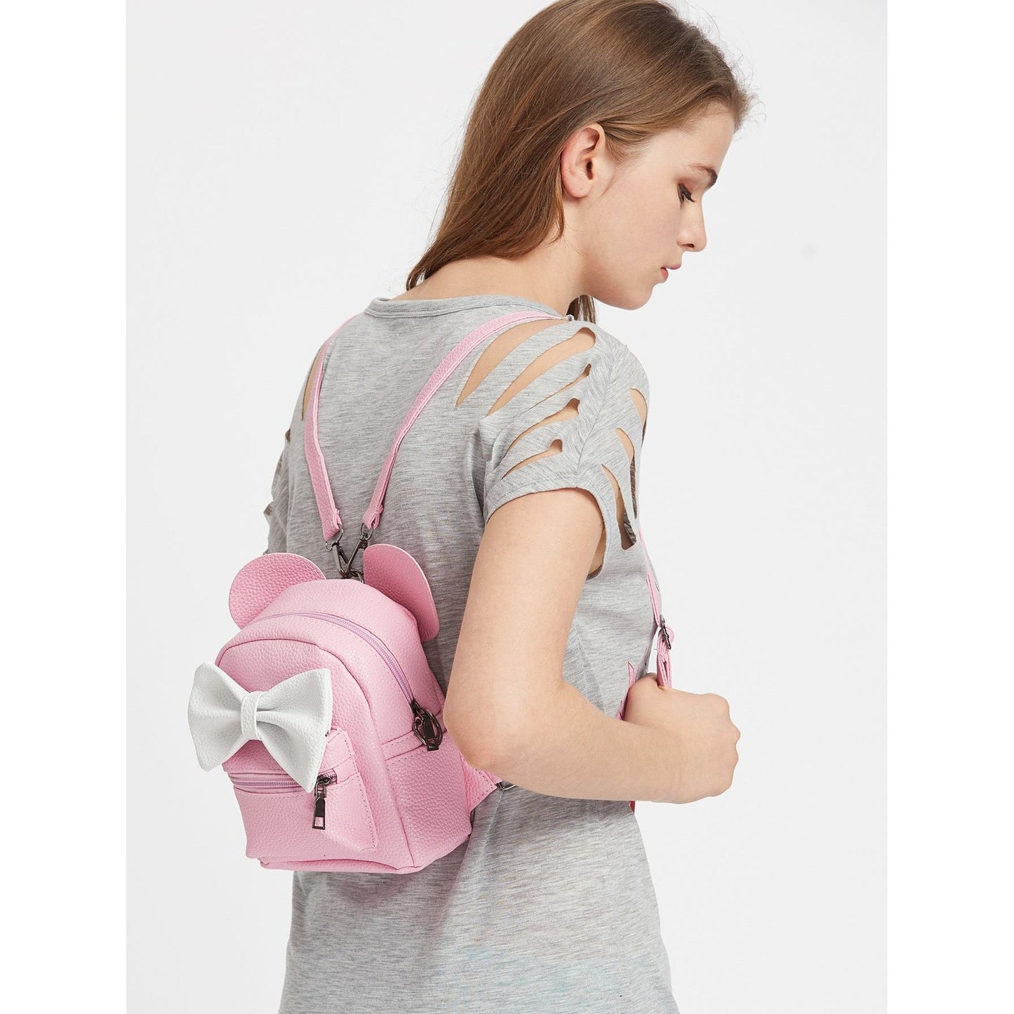 Pink Ear Shaped PU Backpack With Contrast Bow