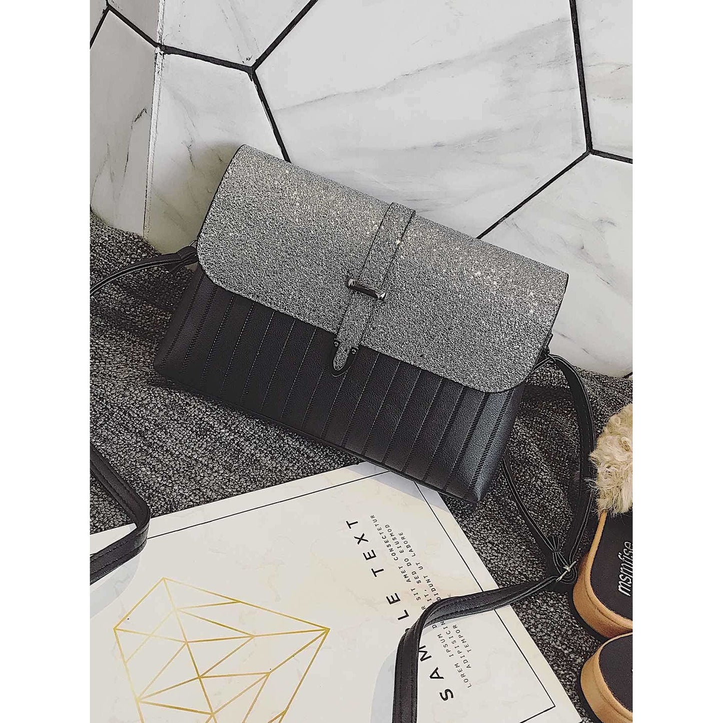 Ribbed Detail Glitter Shoulder Bag