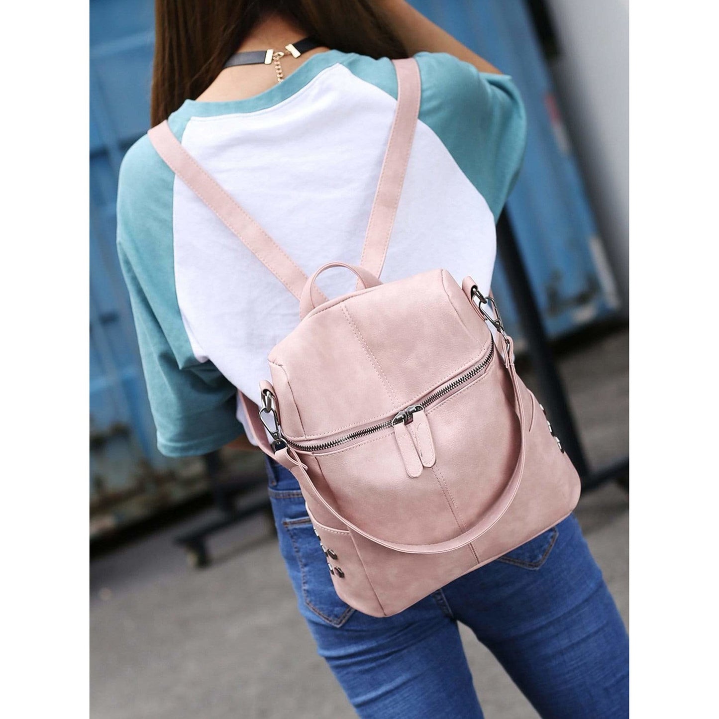 Zipper Front PU Backpack With Convertible Strap