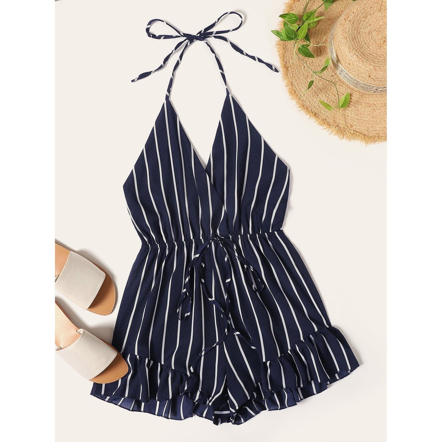 Drawstring Waist Striped Romper