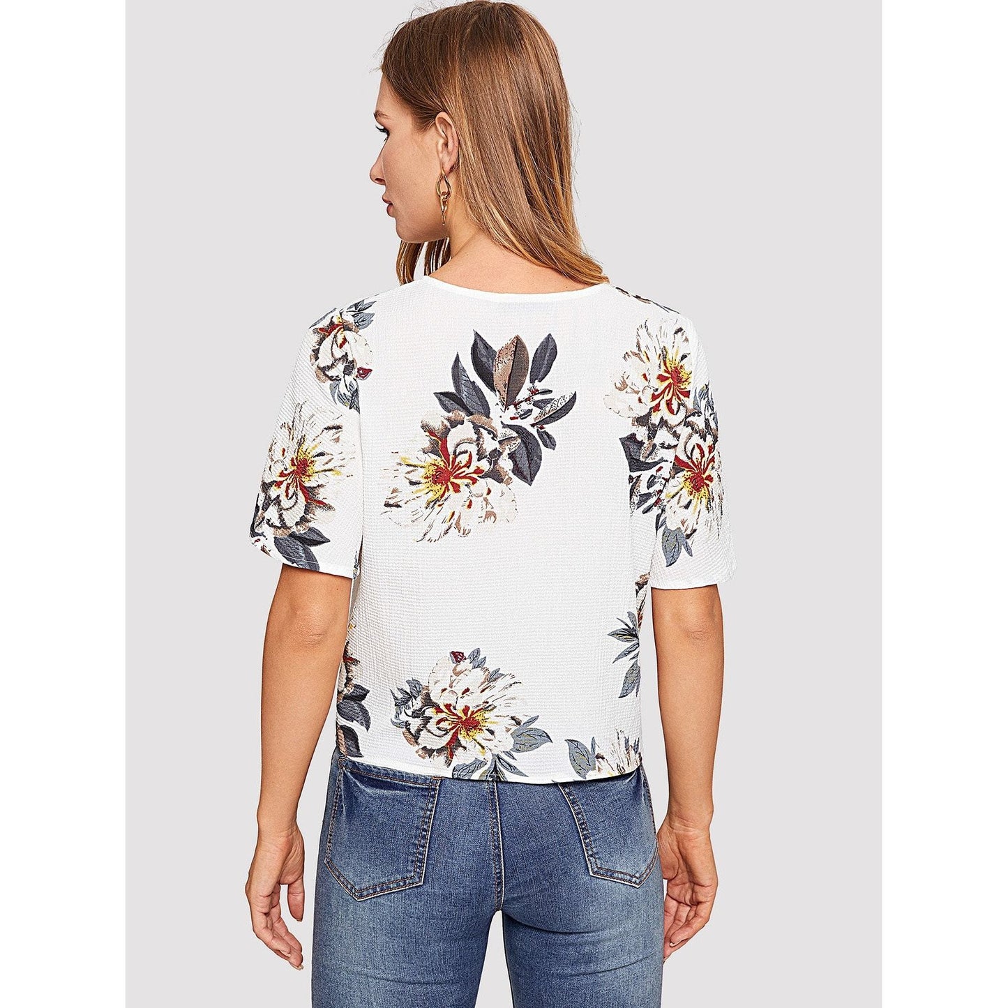 Buttoned Knot Front Tropical Top