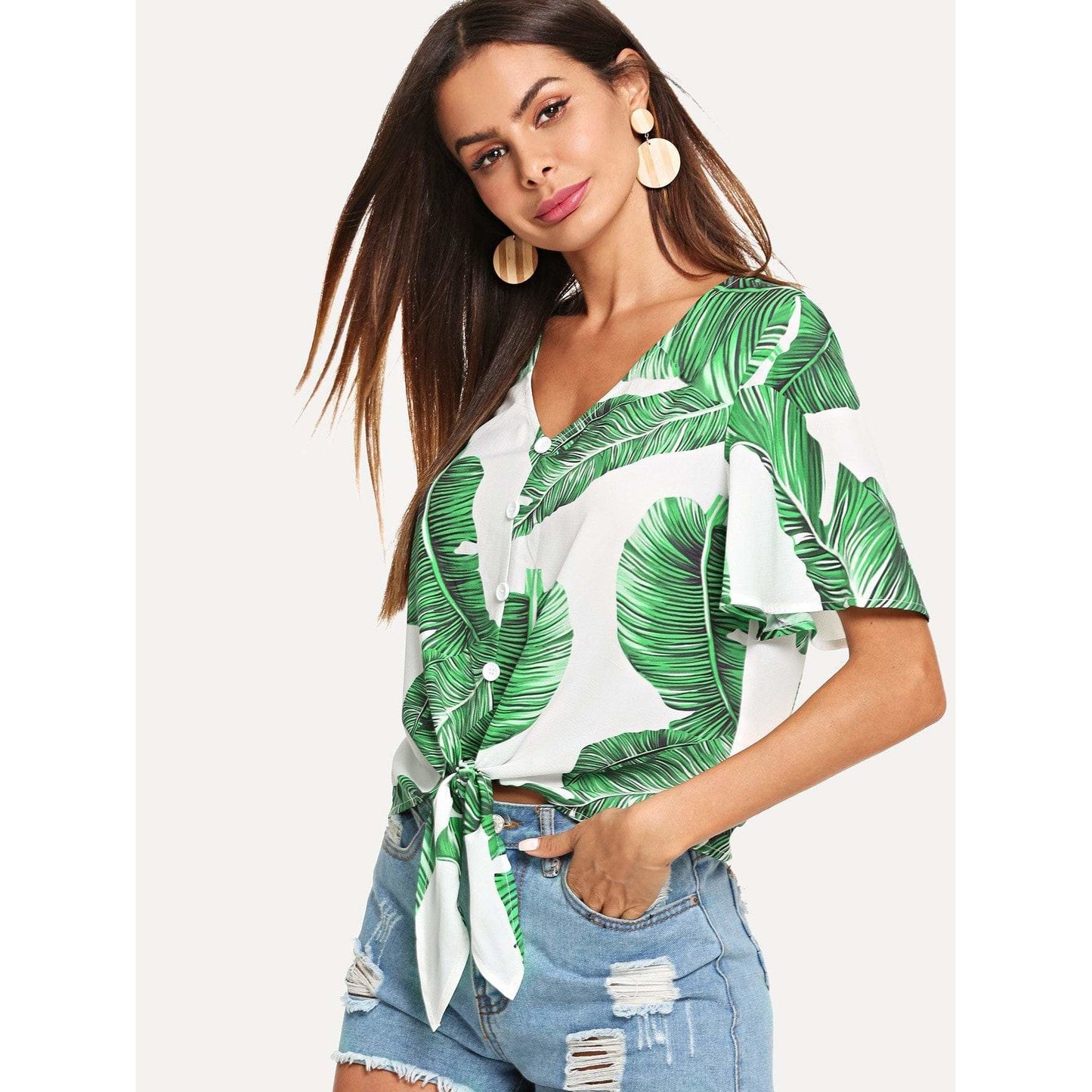 Buttoned Knot Front Tropical Top