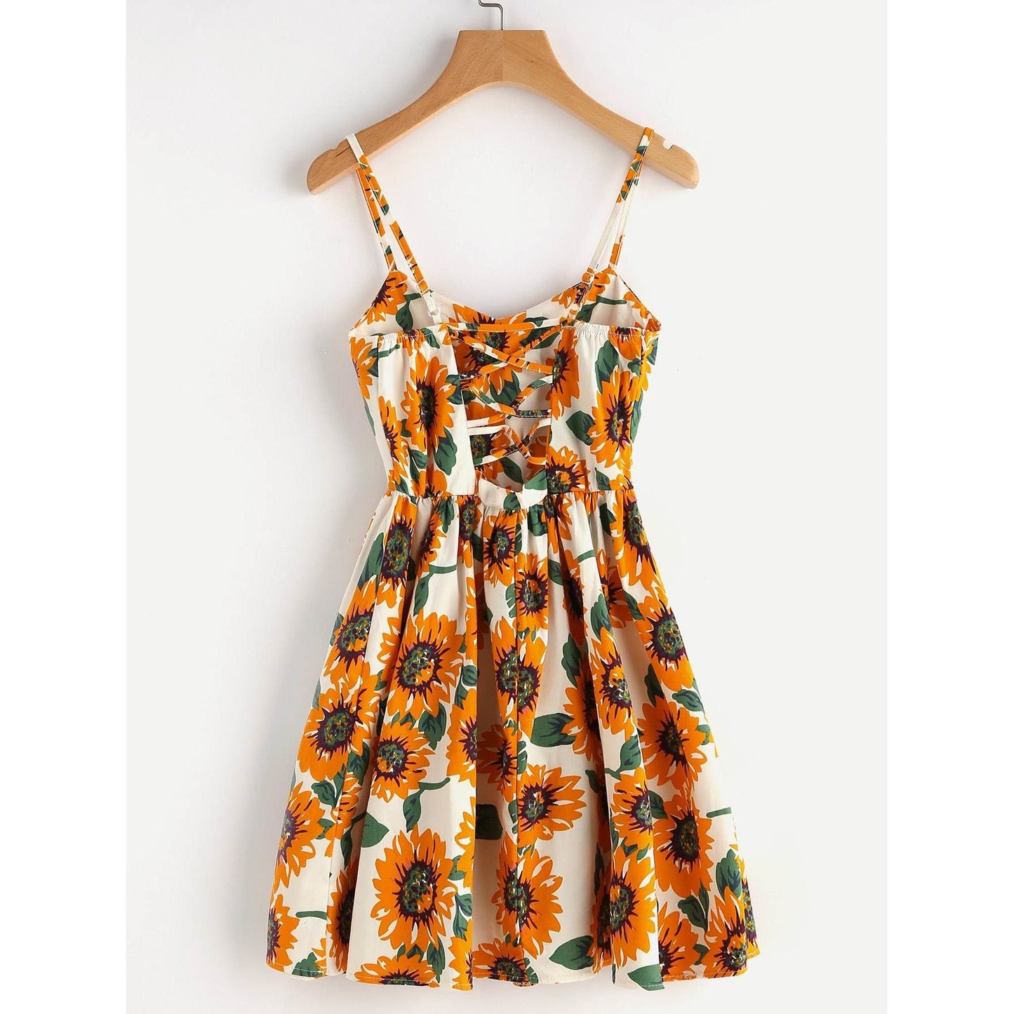 White Sunflower Print Crisscross Back Mini Dress