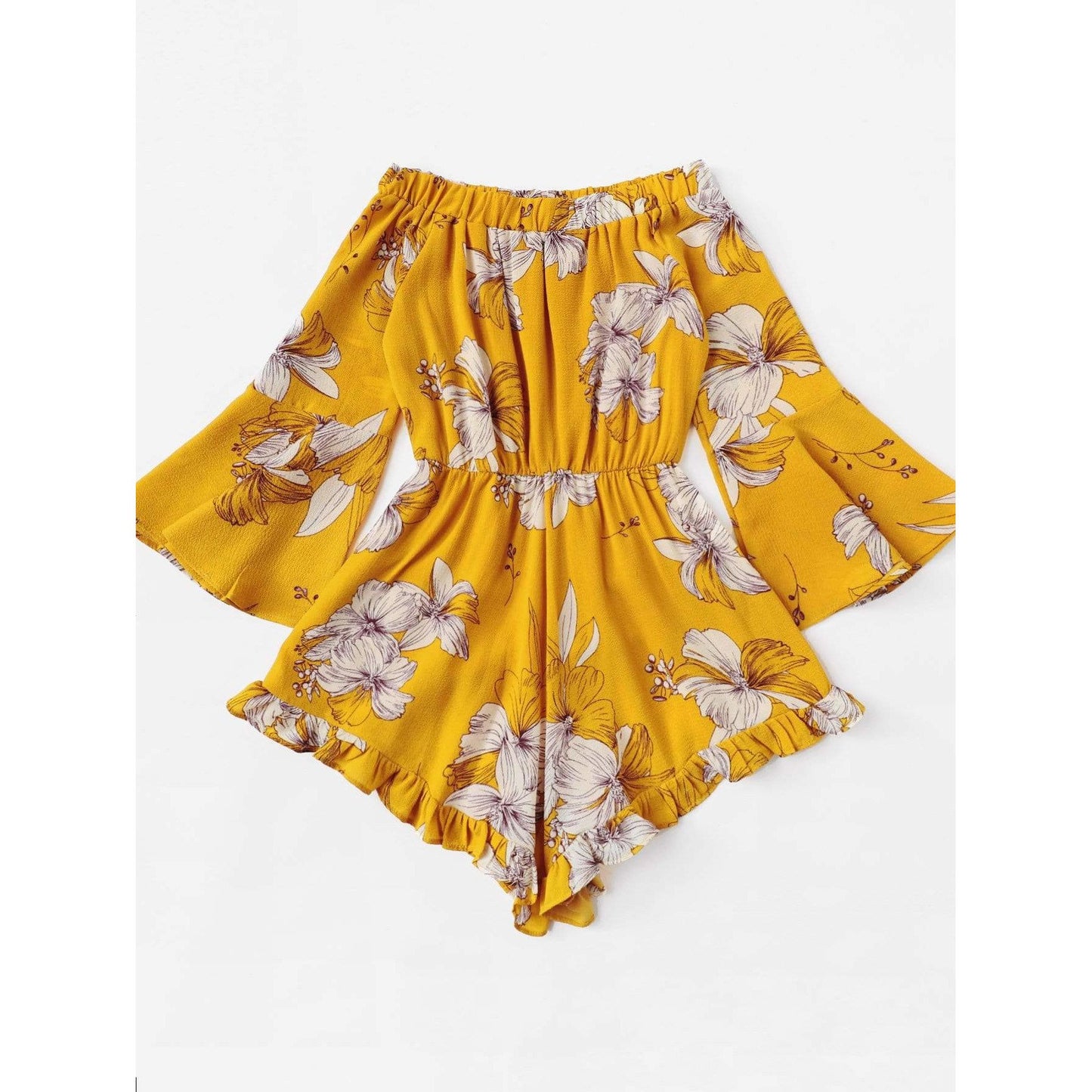 Off Shoulder Yellow Floral Print Romper
