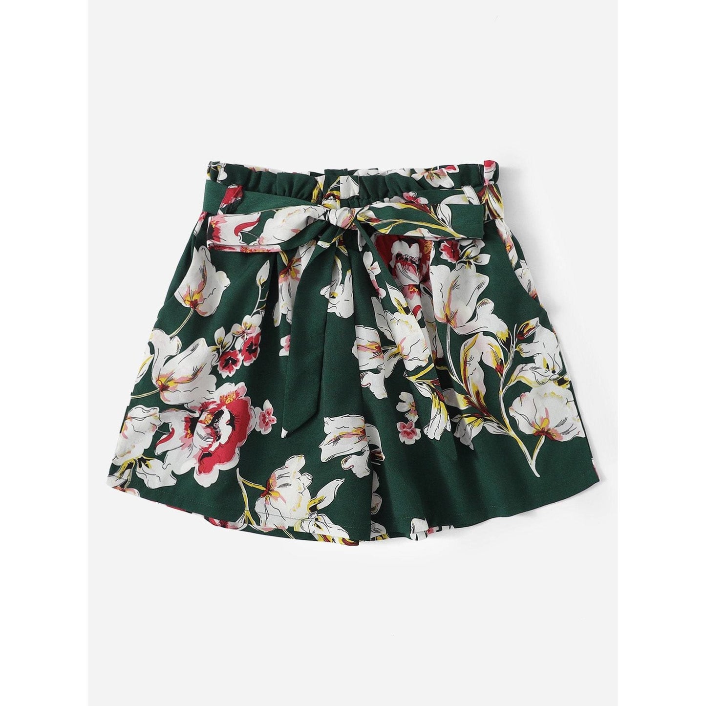 Green Self Tie Floral Print Shorts