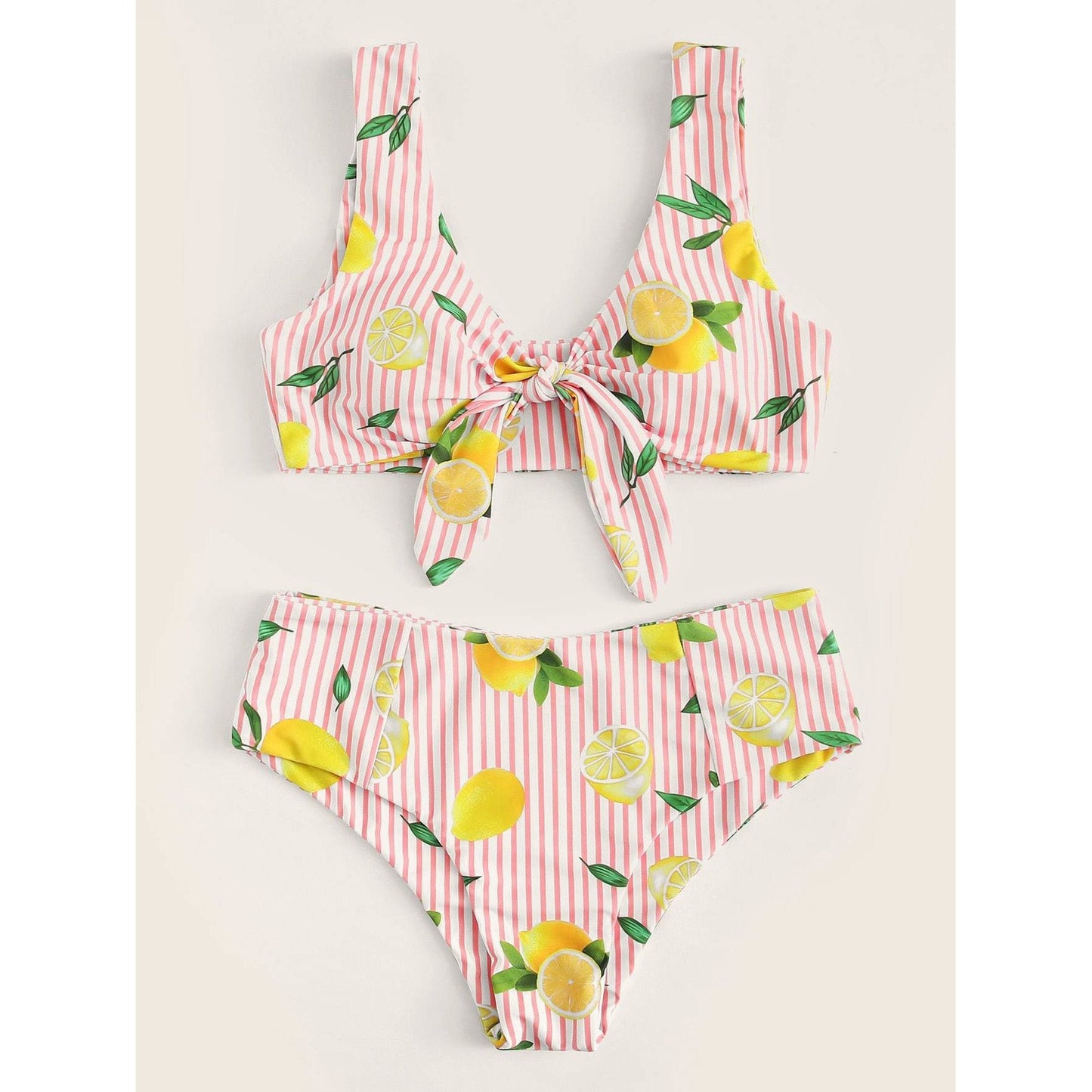 Pink Striped and Lemon Print Knot Bikini Set