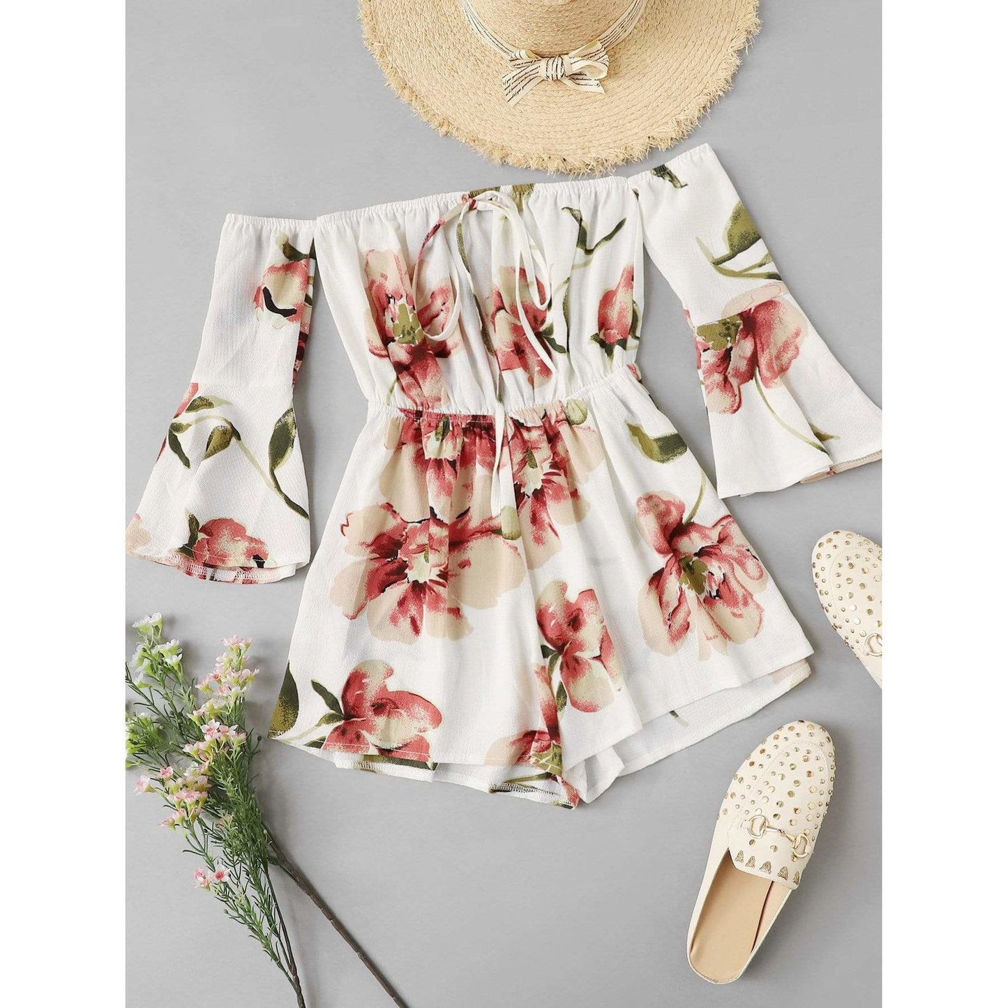 Floral Print Fluted Sleeve Romper