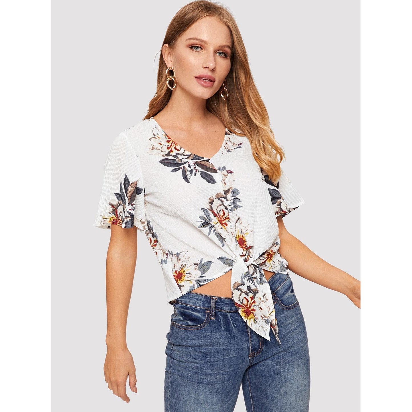 Buttoned Knot Front Tropical Top