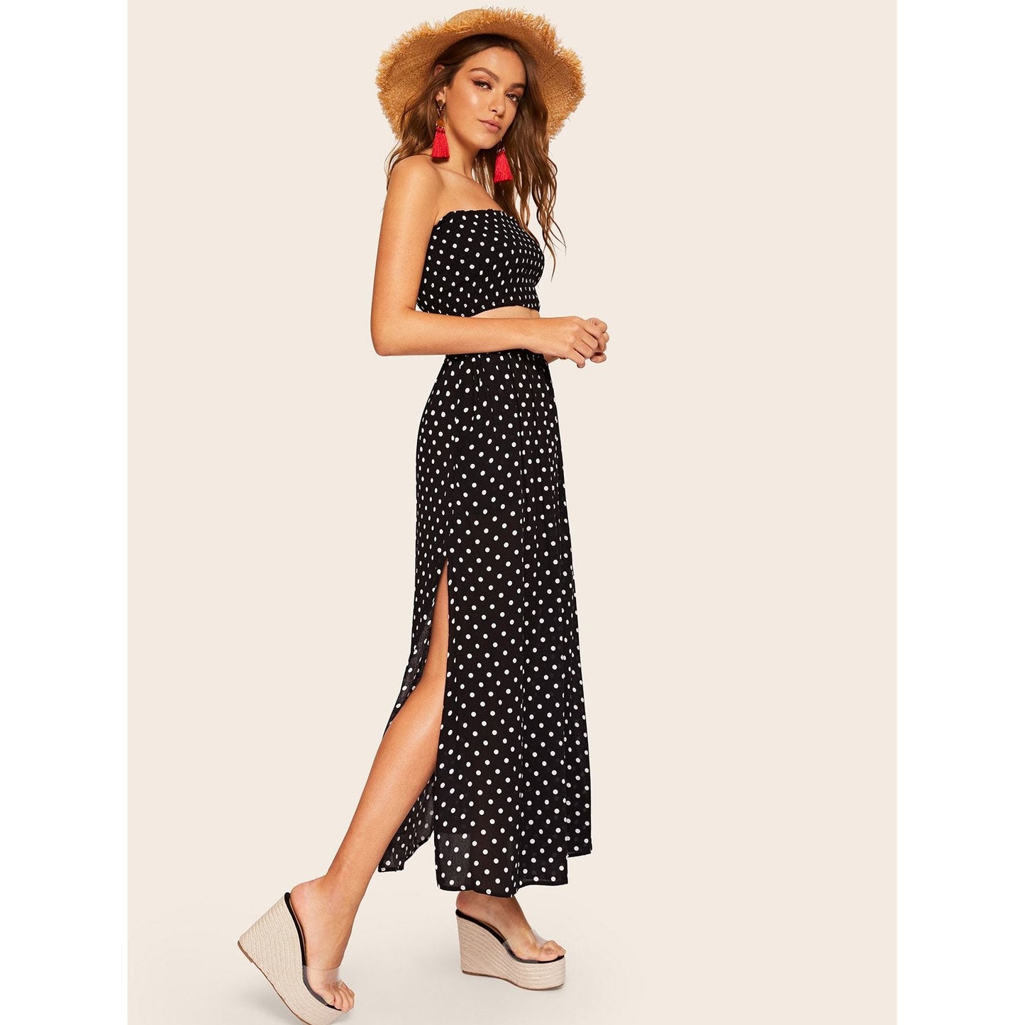 Polka Dot Shirred Maxi Set