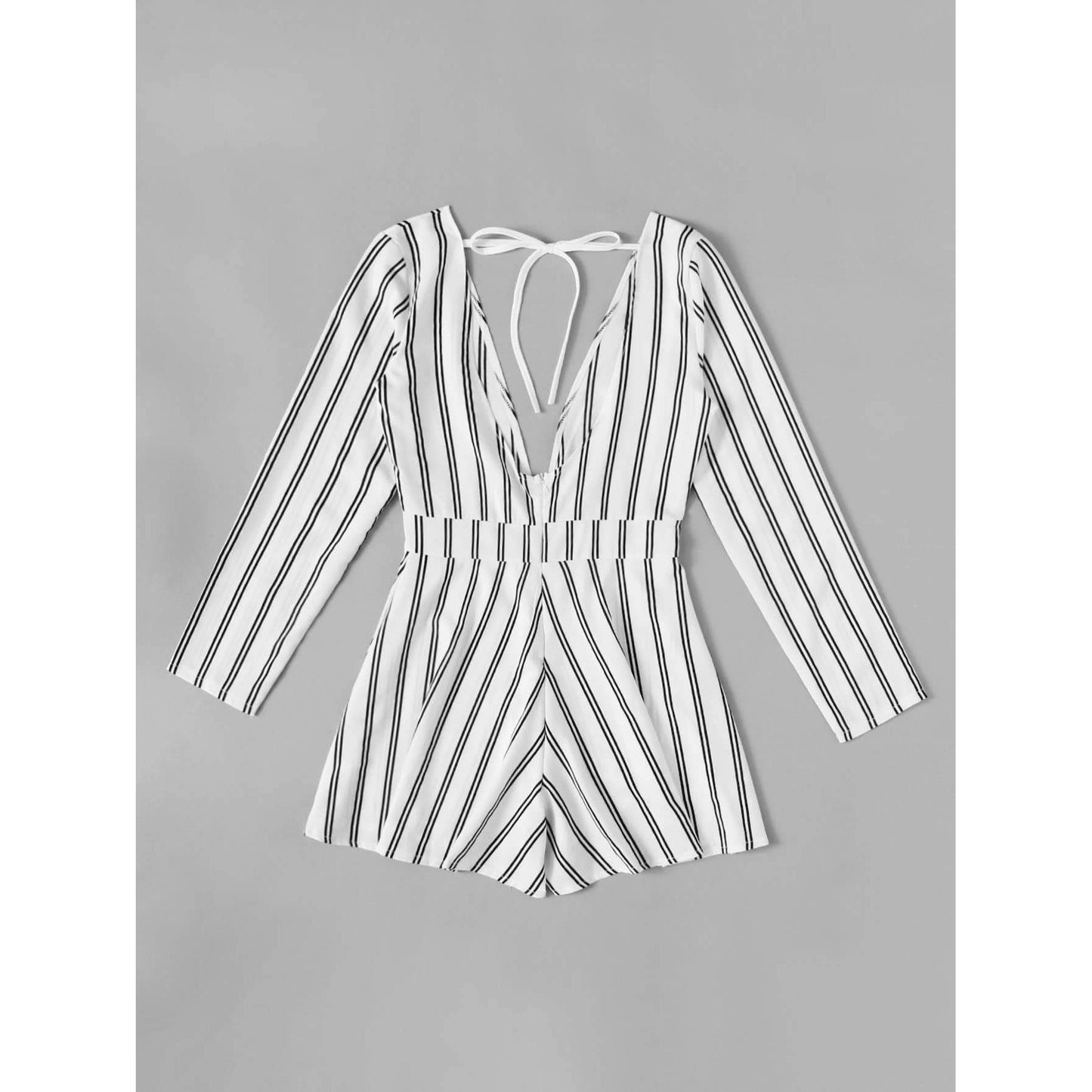 Deep V Neckline Tie Back Striped Romper