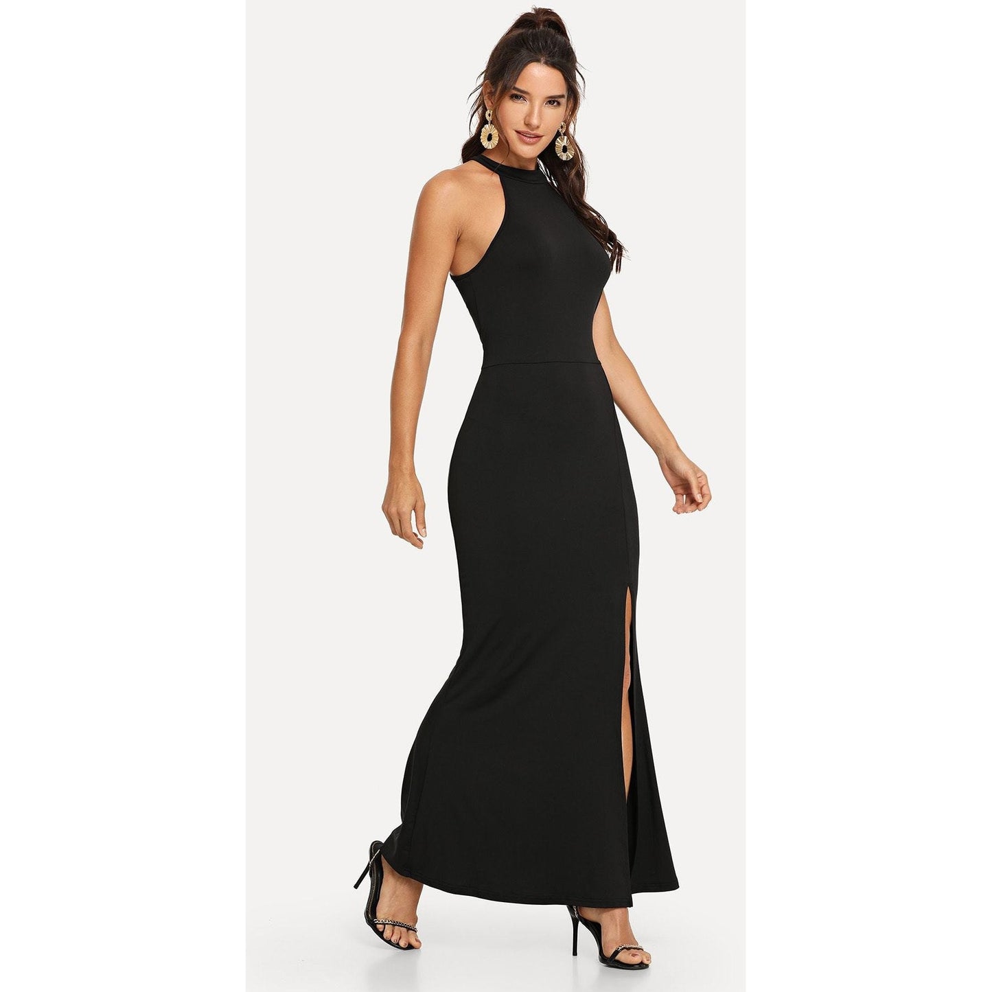 Button Keyhole Back Split Halter Maxi Dress